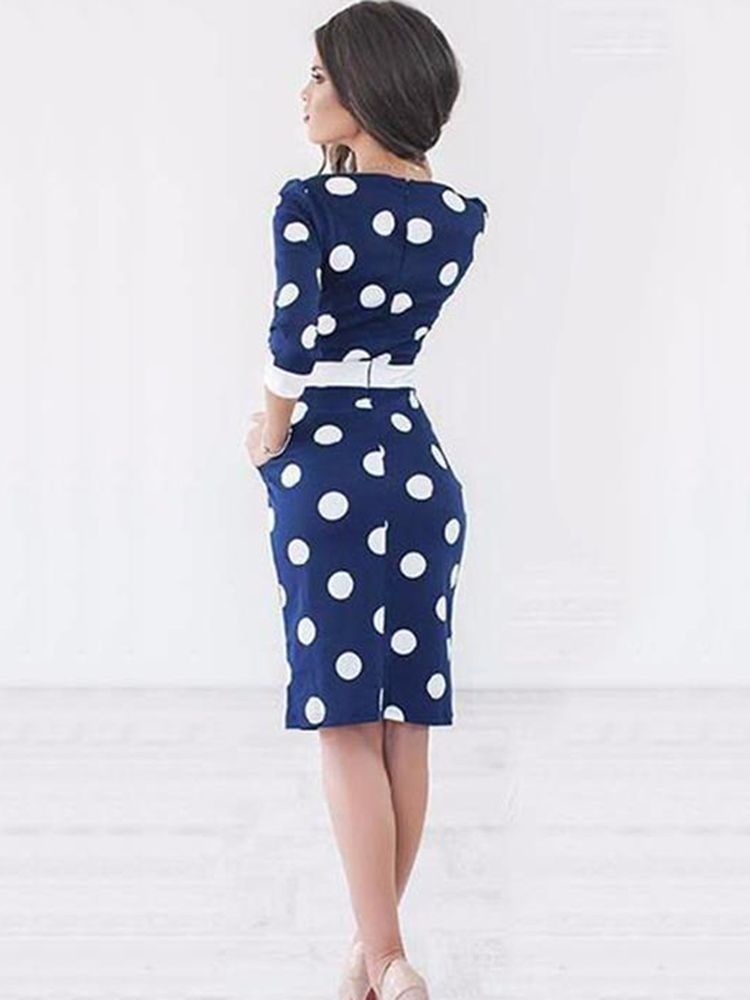 Kvinners Knelengde Bowknot Polka Dot Bodycon Kjole