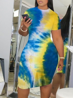 Kvinners Tie-dye Knelang Kortermet Midje Bodycon Kjole