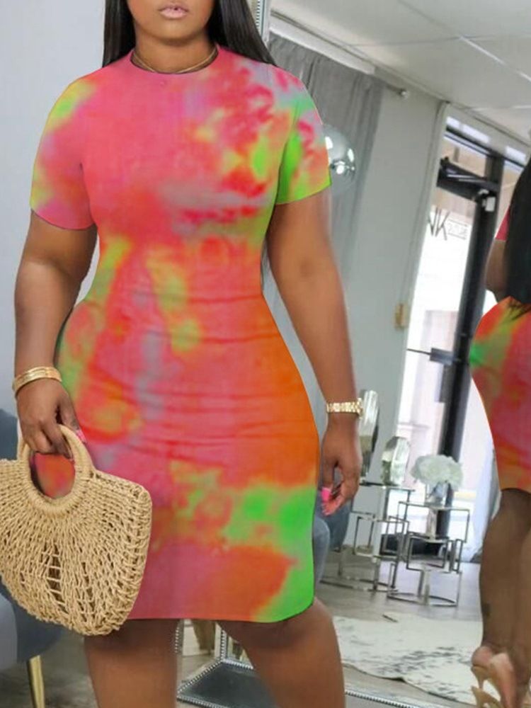 Kvinners Tie-dye Knelang Kortermet Midje Bodycon Kjole