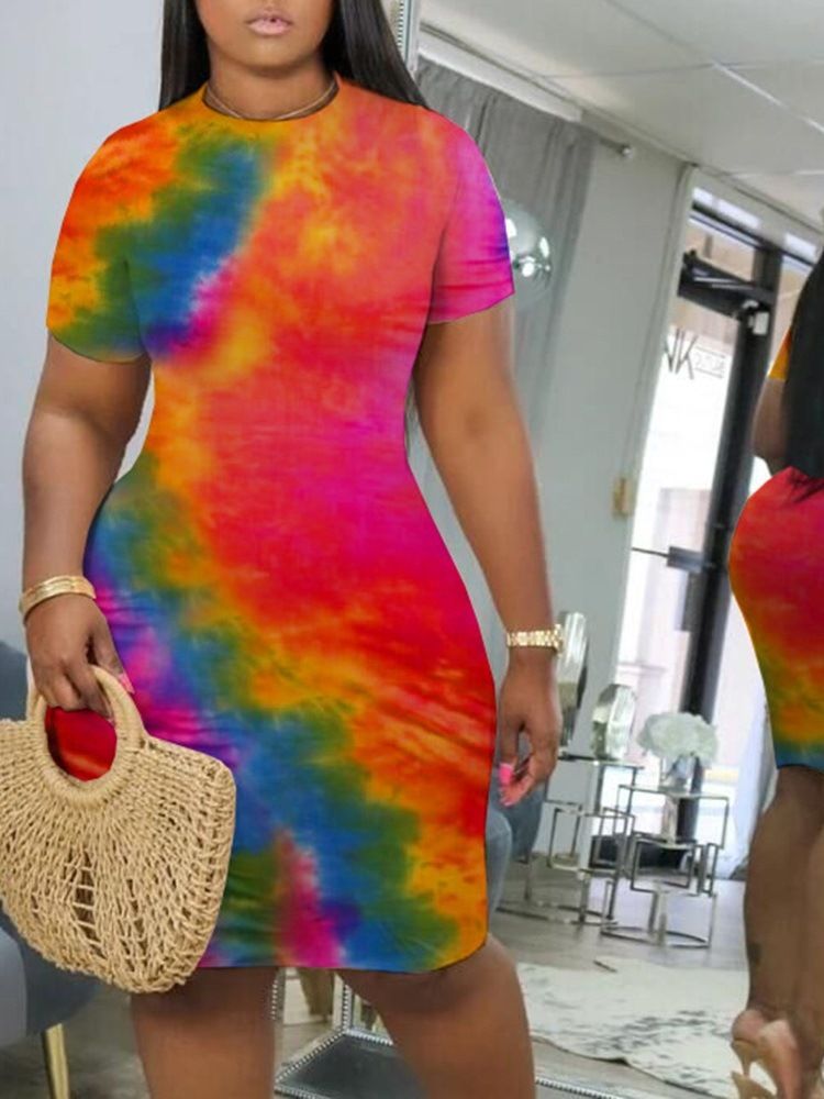 Kvinners Tie-dye Knelang Kortermet Midje Bodycon Kjole