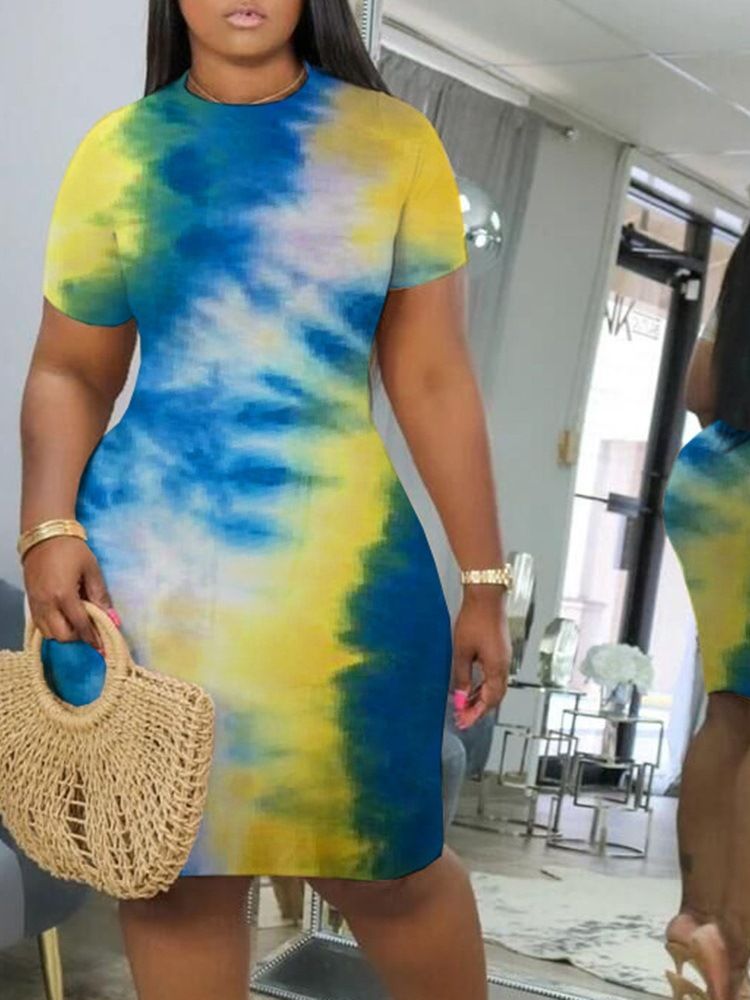 Kvinners Tie-dye Knelang Kortermet Midje Bodycon Kjole