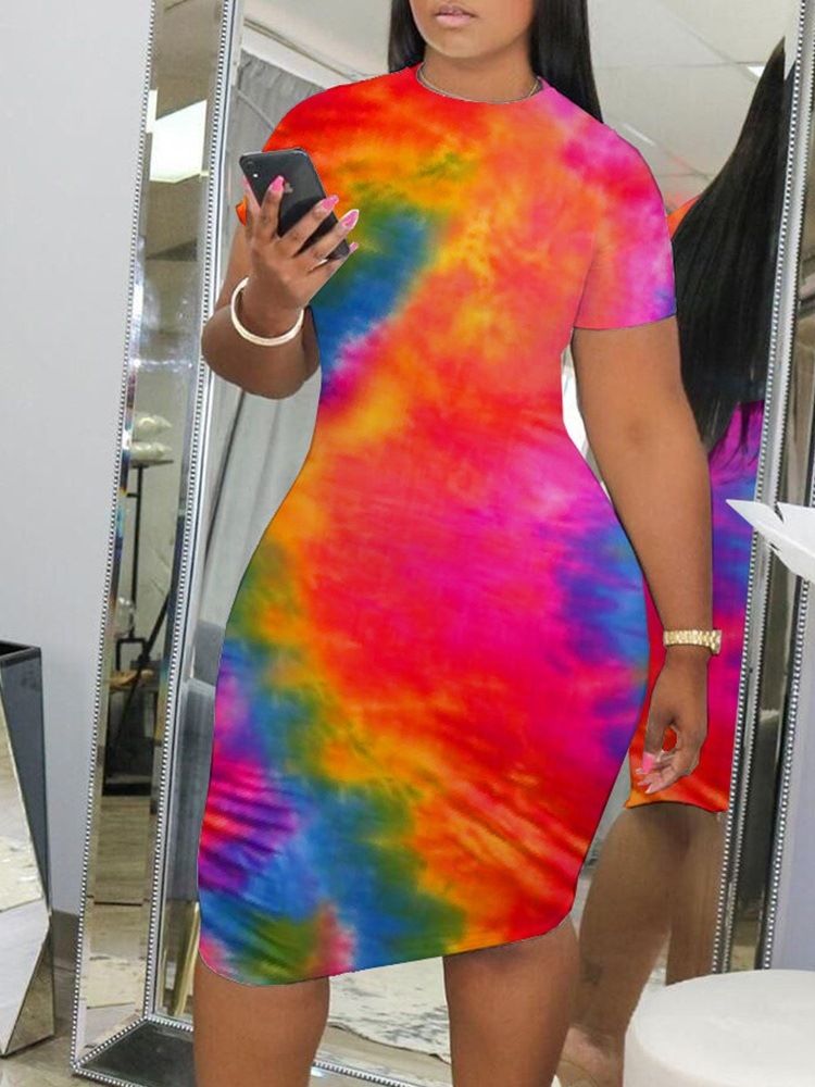 Kvinners Tie-dye Knelang Kortermet Midje Bodycon Kjole