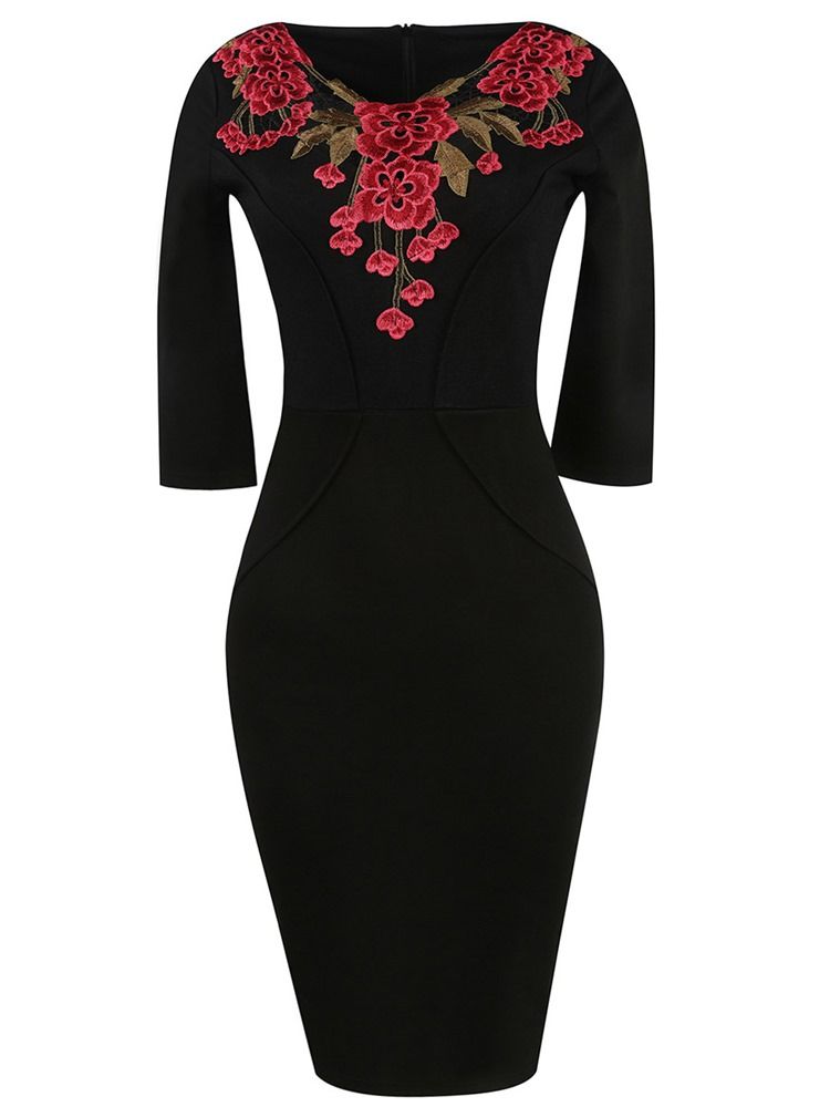 Kvinners Toppblomstbroderi Vanlig 3 4 Lengde Ermer Bodycon Kjole