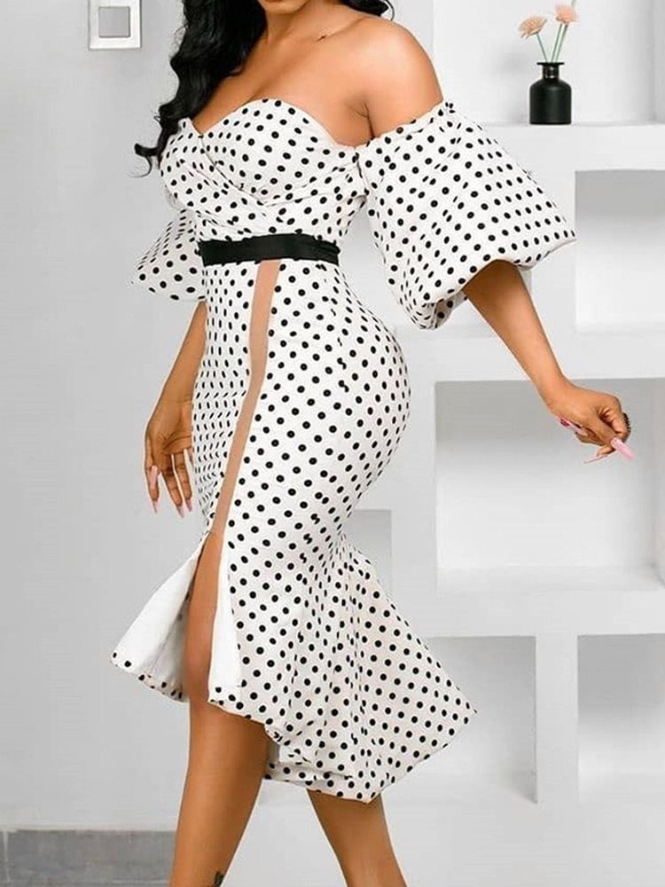 Kvinners Trekvarters Erme Asymmetrisk Midtkalv Asymmetrisk Polka Prikker Bodycon Kjole