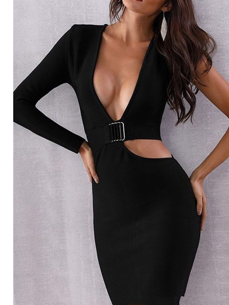 Langermet Hule V-hals Bodycon Sexy Kjole For Kvinner