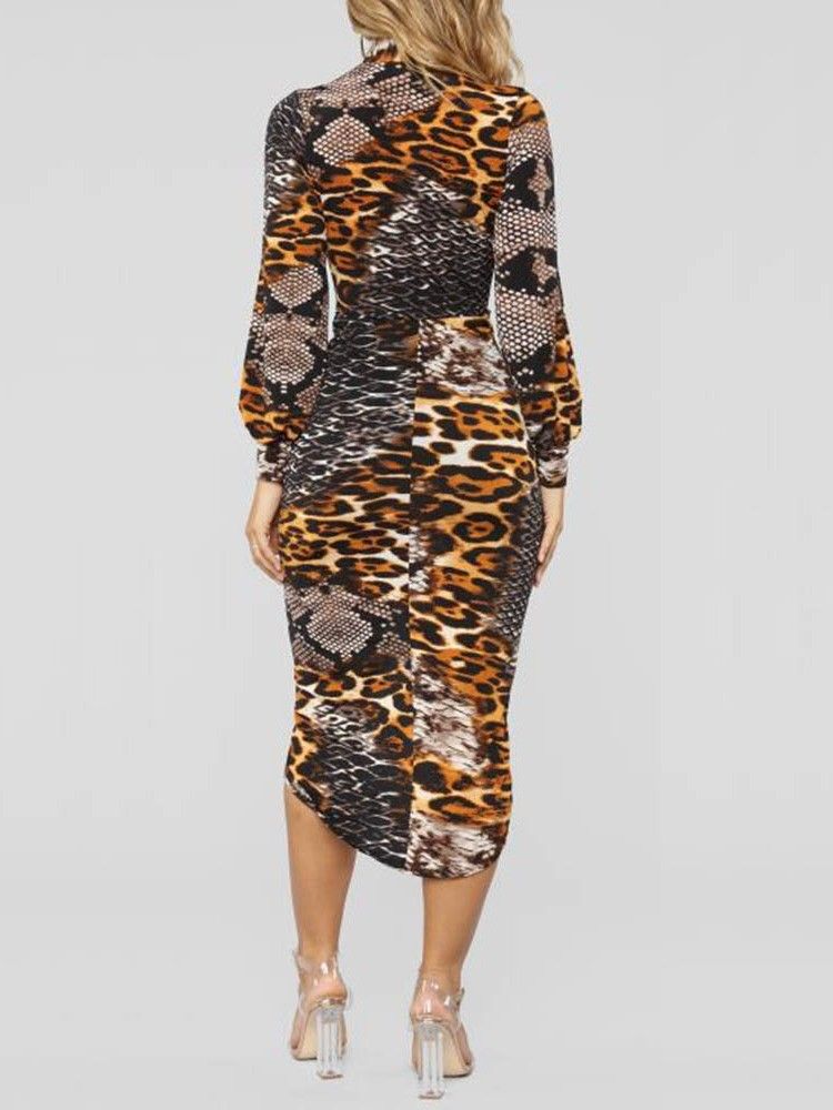 Langermet Kvinners Bodycon-leopardkjole Med V-hals