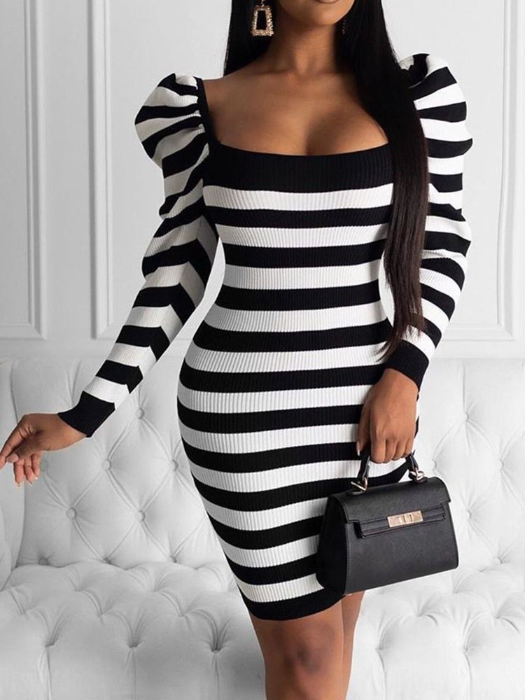 Langermet Kvinners Plissert Kjole Med Rund Hals Og Bodycon Stripe