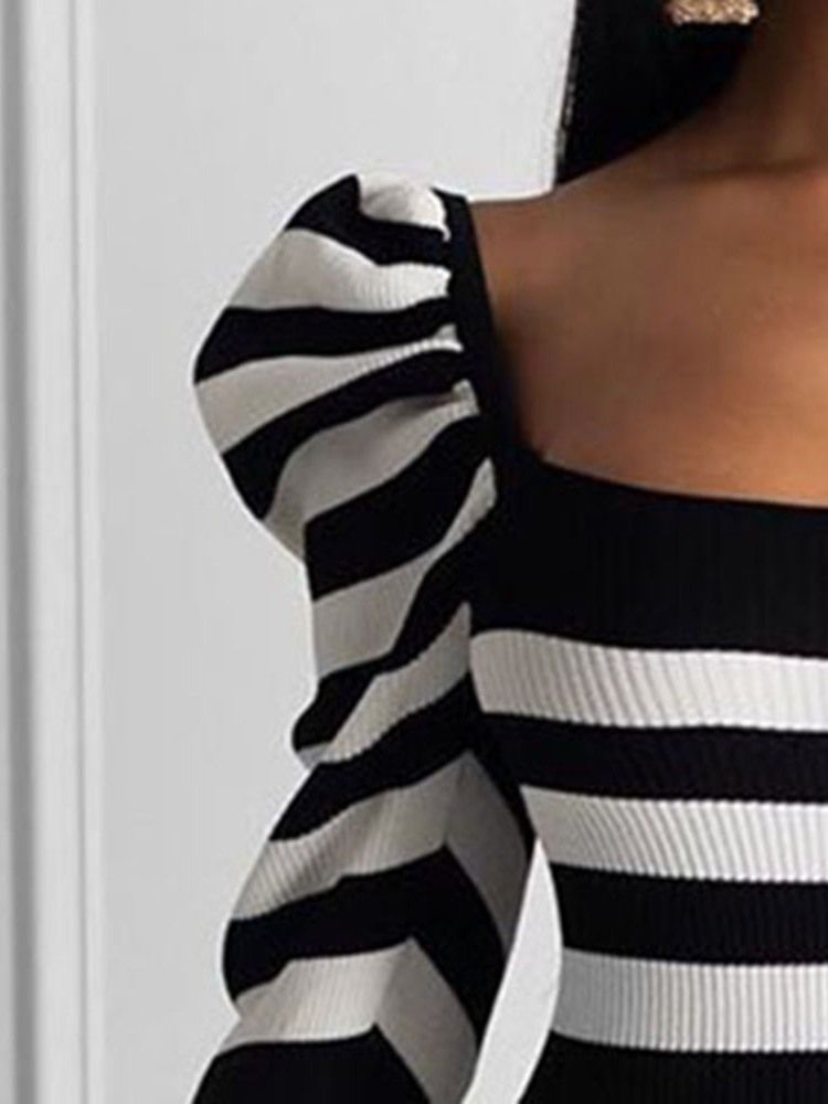 Langermet Kvinners Plissert Kjole Med Rund Hals Og Bodycon Stripe