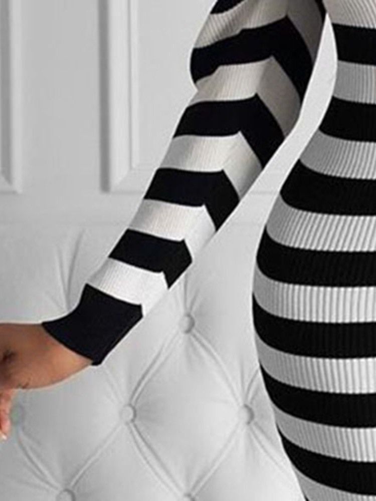 Langermet Kvinners Plissert Kjole Med Rund Hals Og Bodycon Stripe