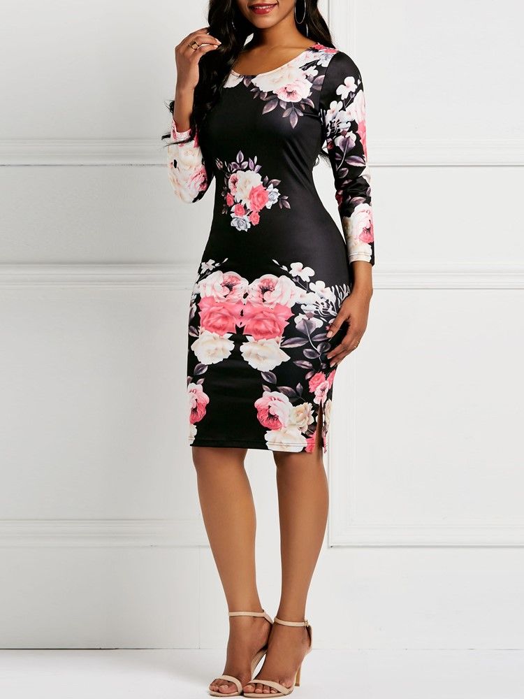 Langermet Pullover-trykk For Kvinner Bodycon Floral Kjoler