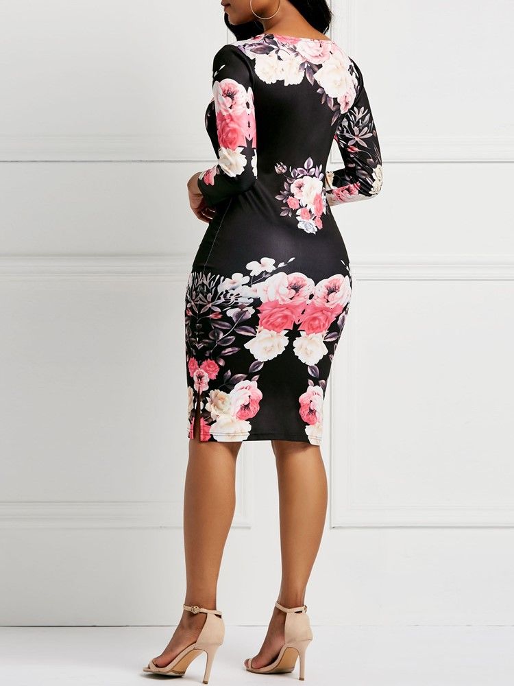 Langermet Pullover-trykk For Kvinner Bodycon Floral Kjoler