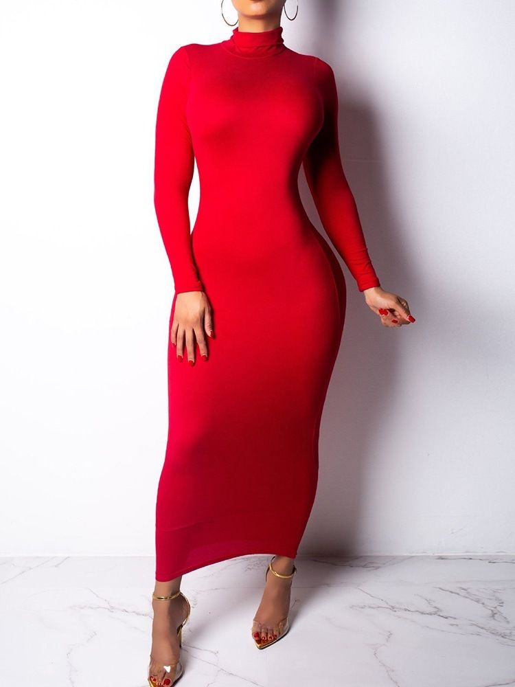 Langermet Langermet Turtleneck Mid-calf Vanlige Bodycon-kjoler