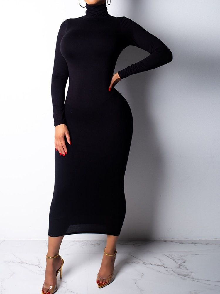 Langermet Langermet Turtleneck Mid-calf Vanlige Bodycon-kjoler