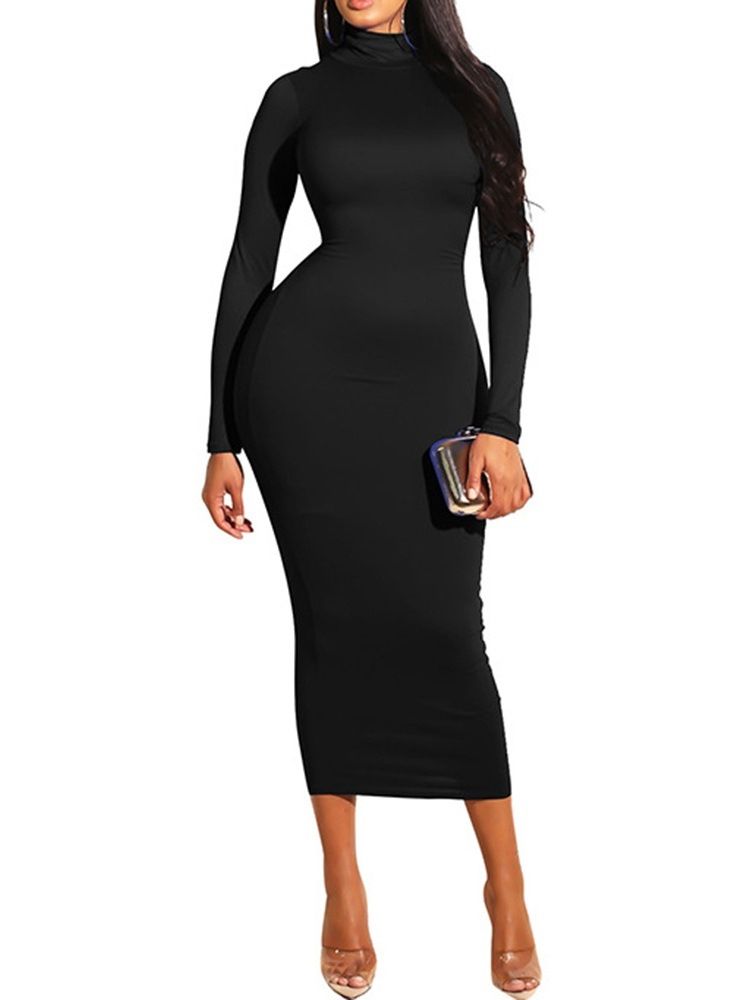 Langermet Langermet Turtleneck Mid-calf Vanlige Bodycon-kjoler