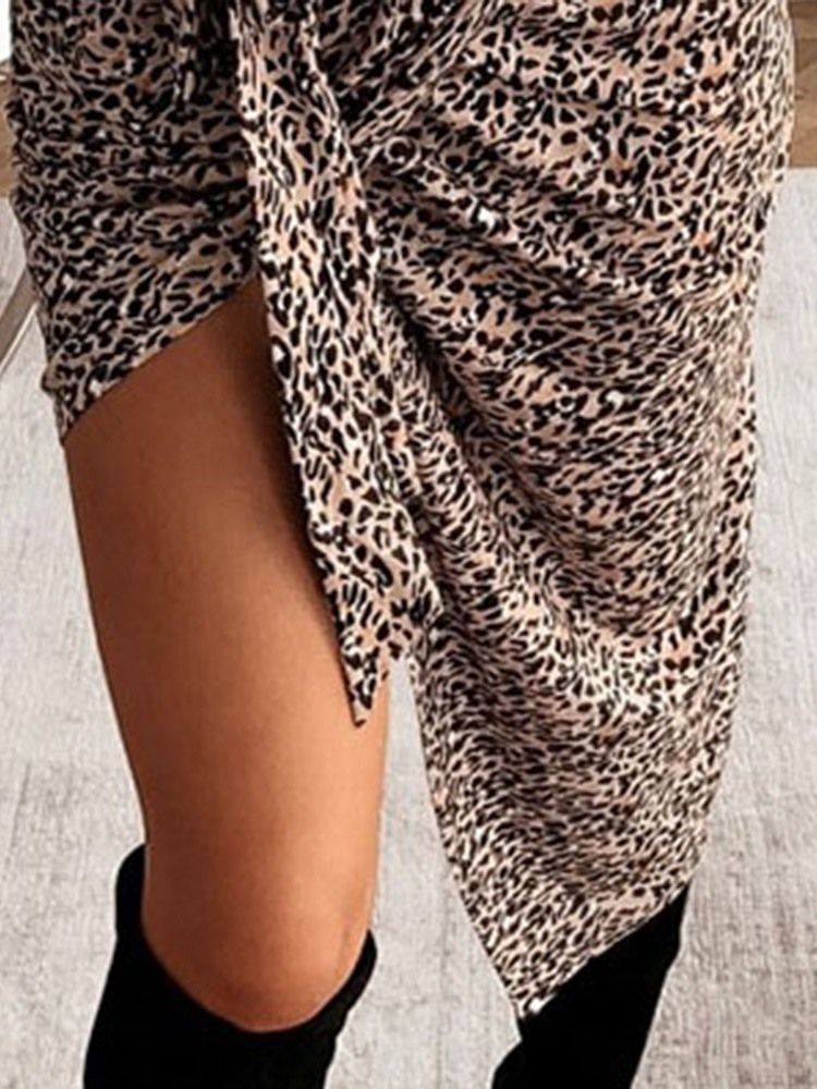 Mid-calf Asymmetric Langermet Midje Leopard Damekjole