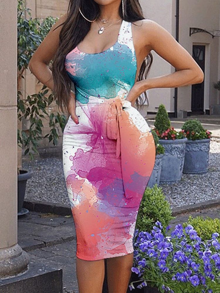 Mid-calf Tie-dye Ermeløs Bodycon Kjole For Kvinner