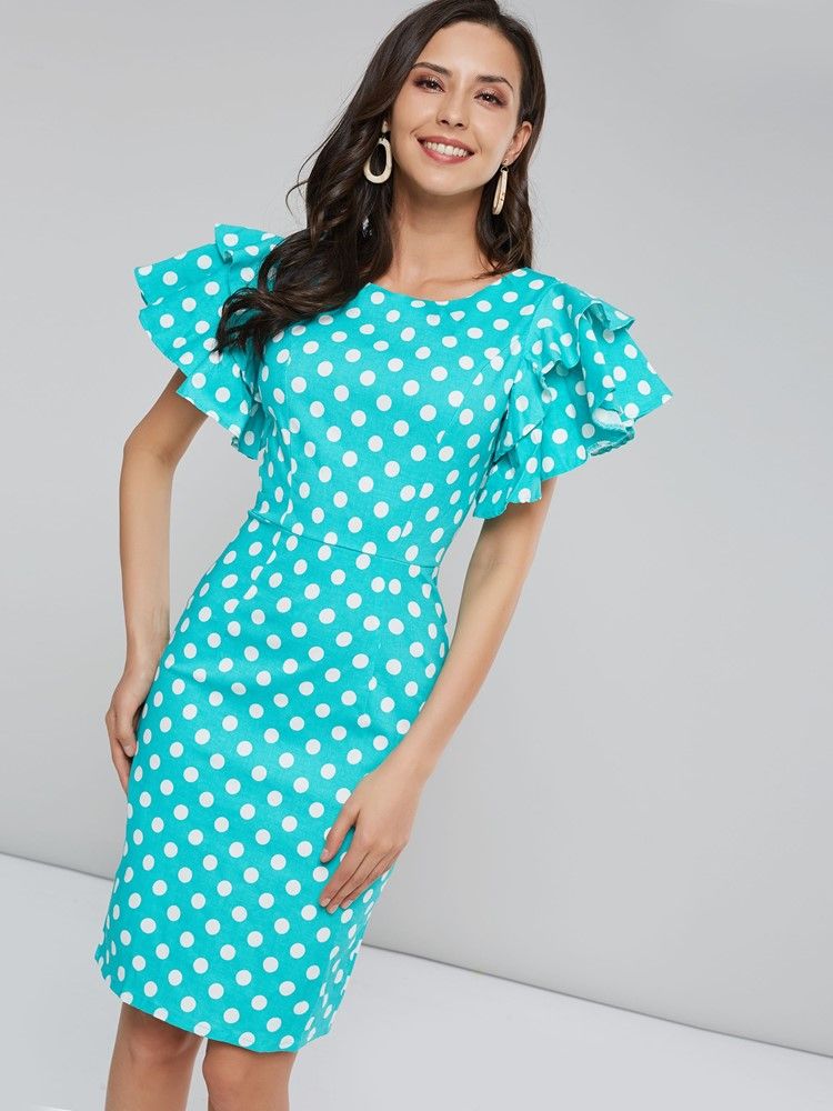 Polka Dots Petal Sleeve Bodycon-kjole Med Knelengde