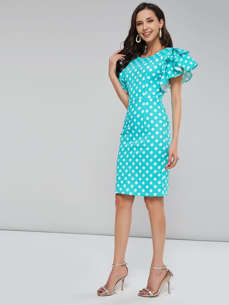 Polka Dots Petal Sleeve Bodycon-kjole Med Knelengde