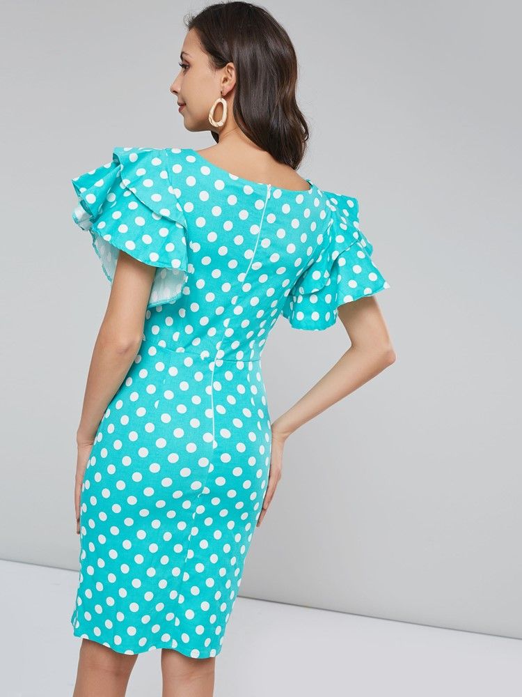 Polka Dots Petal Sleeve Bodycon-kjole Med Knelengde