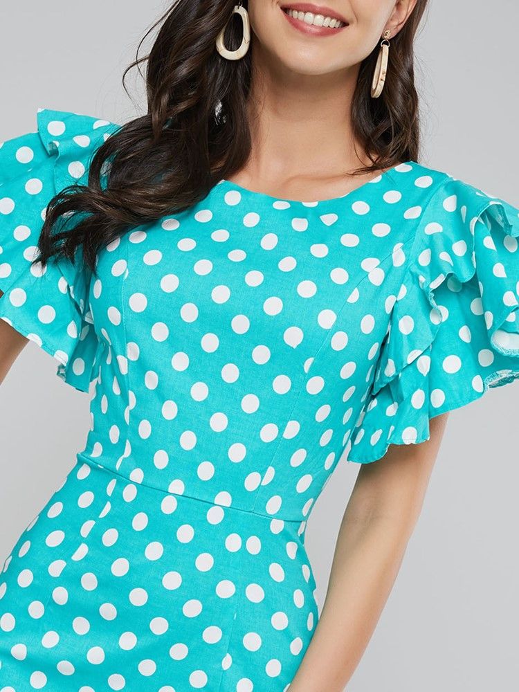 Polka Dots Petal Sleeve Bodycon-kjole Med Knelengde