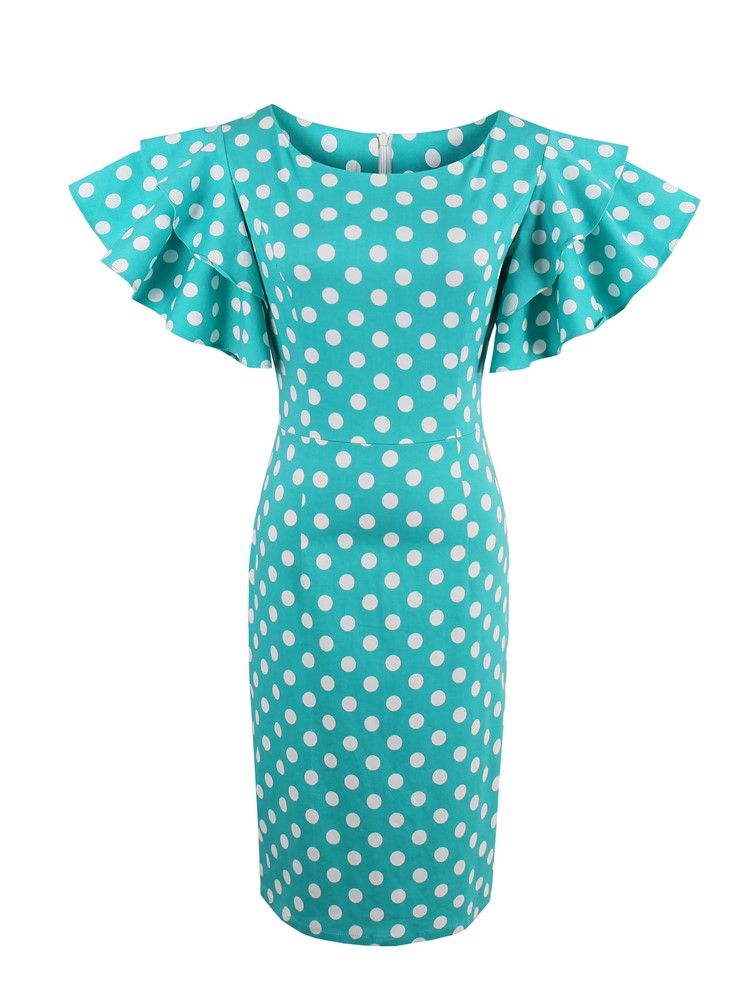 Polka Dots Petal Sleeve Bodycon-kjole Med Knelengde