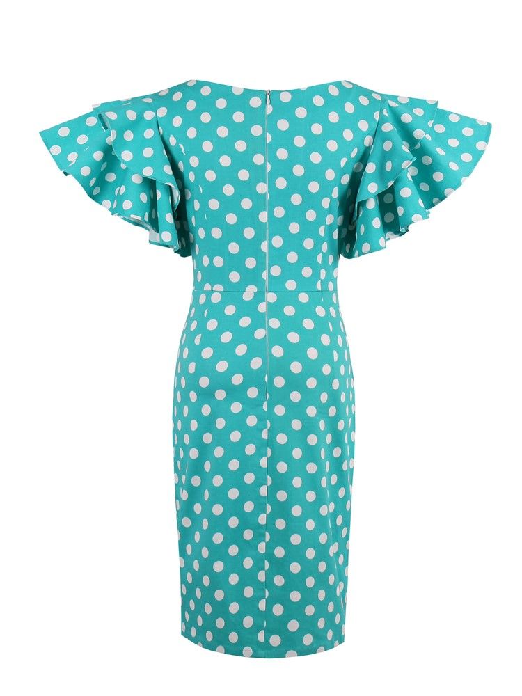 Polka Dots Petal Sleeve Bodycon-kjole Med Knelengde