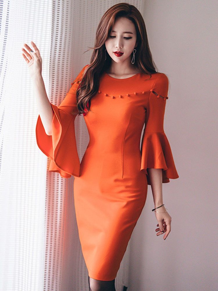 Ruffle Sleeve Patchwork Bodycon Dress For Kvinner