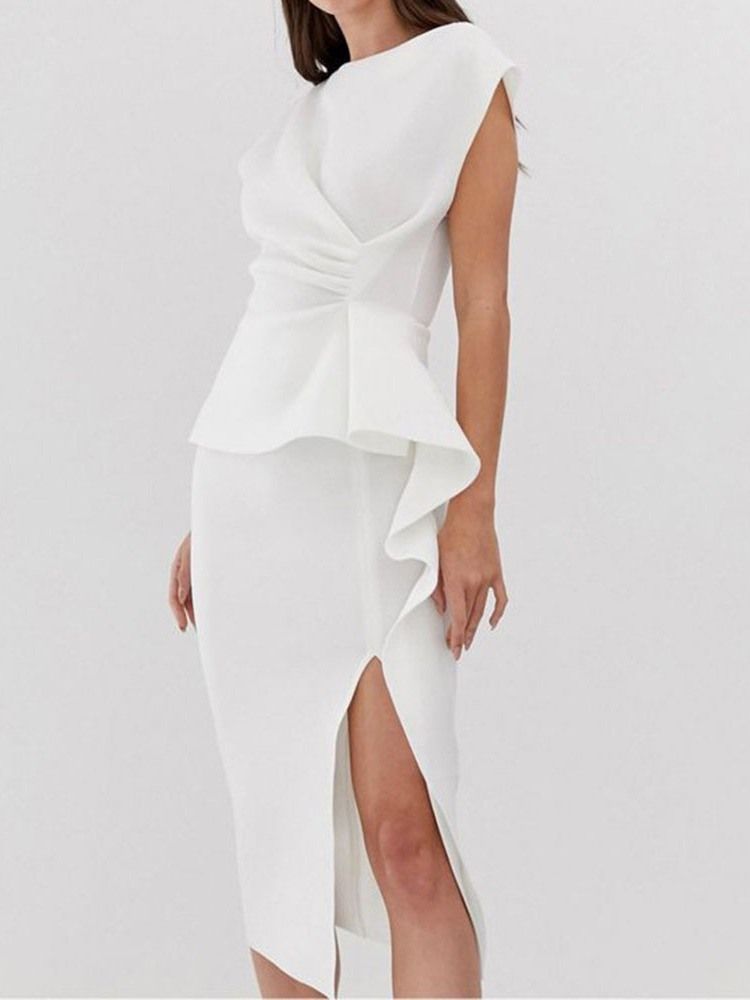 Ruffled Ol Mid-calf Round Neck Short Sleeve White Bodycon Dress For Kvinner