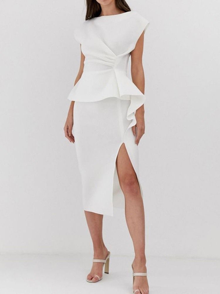 Ruffled Ol Mid-calf Round Neck Short Sleeve White Bodycon Dress For Kvinner