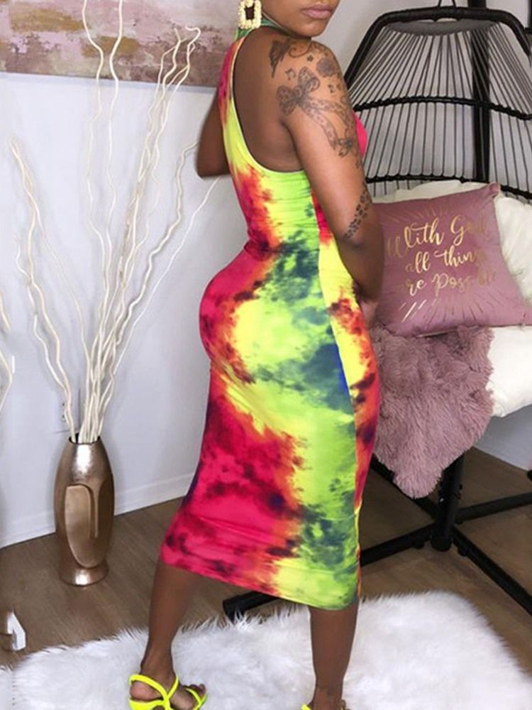 Tie-dye Dame Mid-calf Ermeløs Midje Pullover Dress