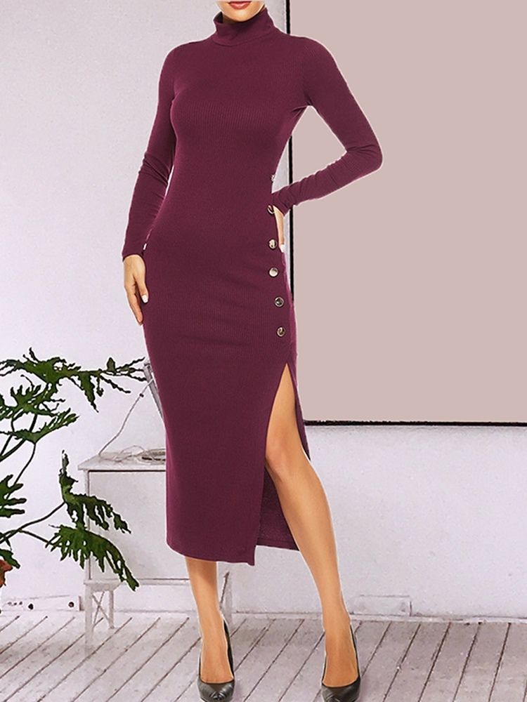 Turtleneck Dame Mid-calf Button Fashion Pullover Dress