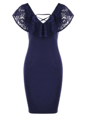 V-hals Lace Patchwork Cap Sleeve Dame Bodycon Dress