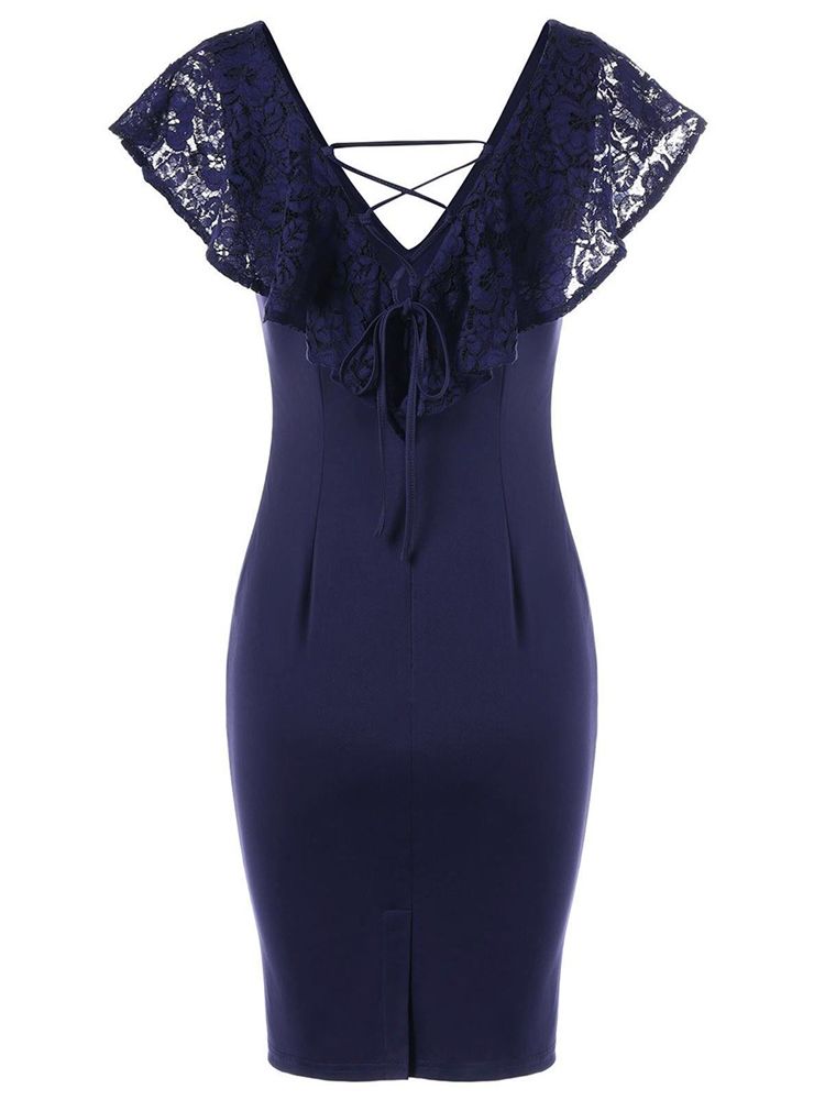 V-hals Lace Patchwork Cap Sleeve Dame Bodycon Dress