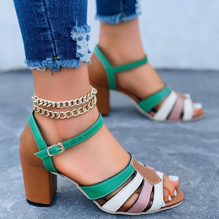 Buckle Chunky Heel Peep Toe Color Block Damesandaler