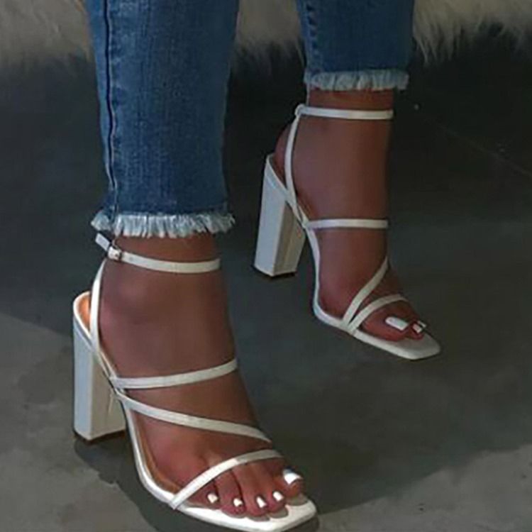 Buckle Chunky Heel Square Toe Thread Dame Sandals