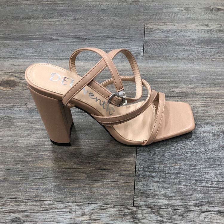 Buckle Chunky Heel Square Toe Thread Dame Sandals