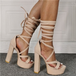 Chunky Heel Lace-up Round Toe Beige Dame Sandaler