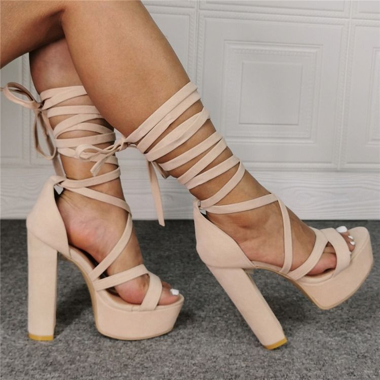 Chunky Heel Lace-up Round Toe Beige Dame Sandaler