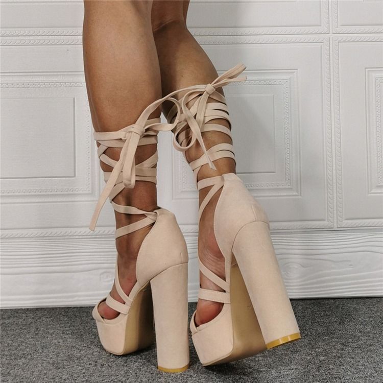 Chunky Heel Lace-up Round Toe Beige Dame Sandaler