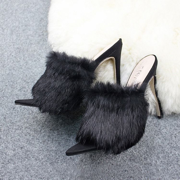 Faux Fur Flip Flop Stiletto Heel Kvinner Mules Sko