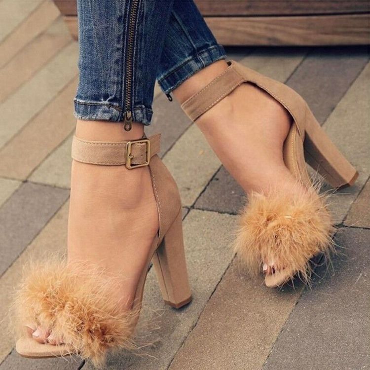 Faux Fur Heel Covering Chunky Heel Dame Sandaler