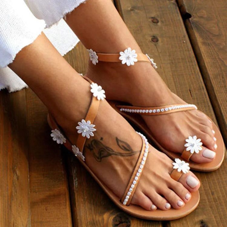 Flat With Toe Ring Slip-on Dame Floral Sandals