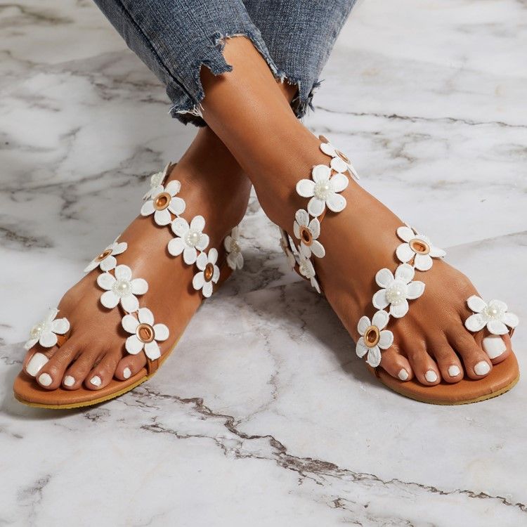 Floral Toe Ring Slip-on Dame Flat Sandals