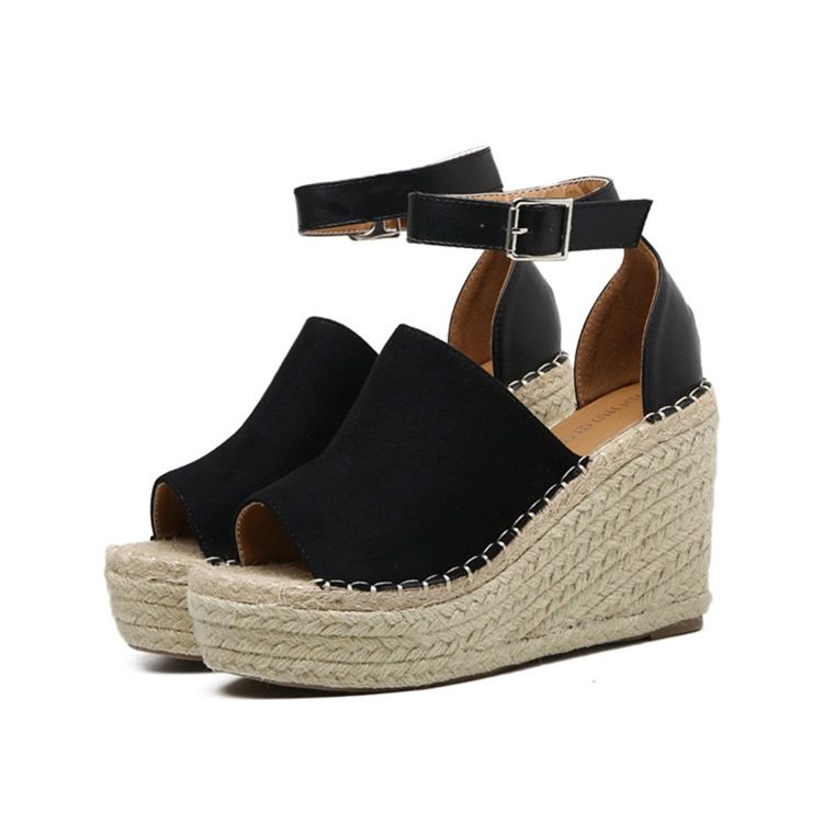 Kvinner Buckle Peep Toe Platform Espadrille Wedge Sandals