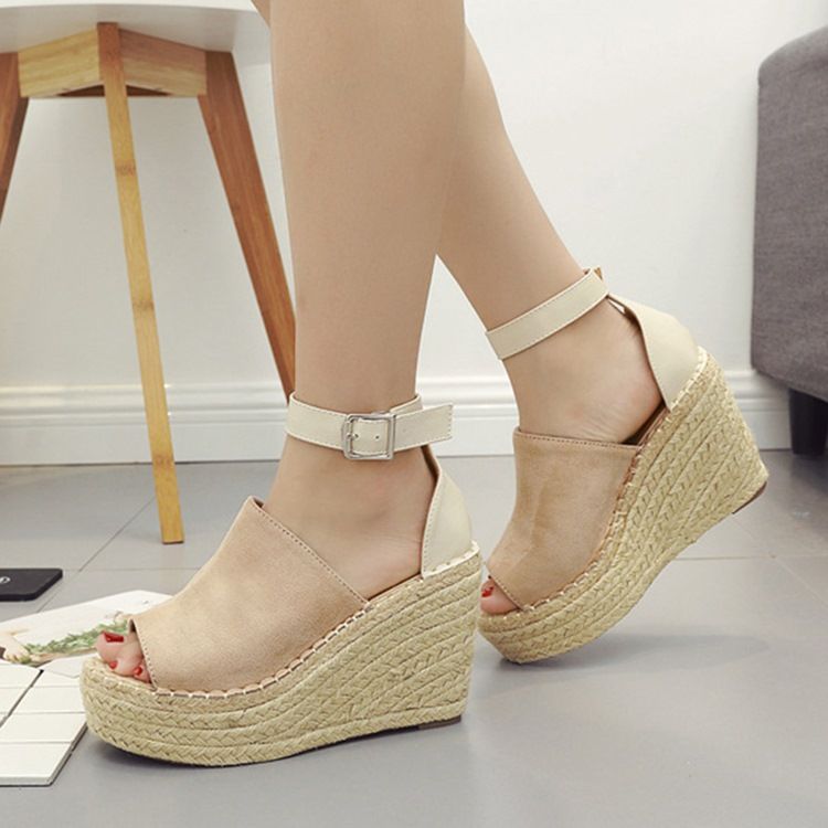 Kvinner Buckle Peep Toe Platform Espadrille Wedge Sandals