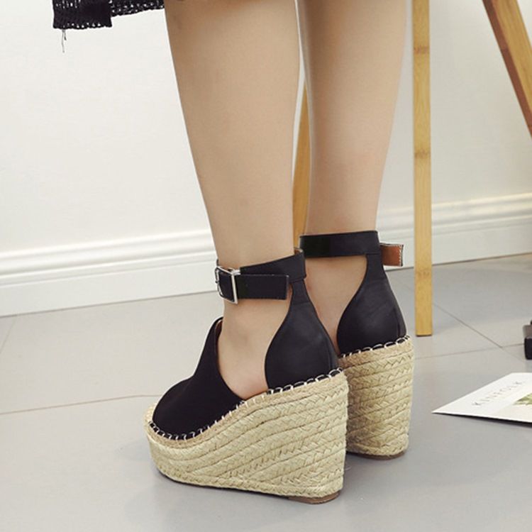 Kvinner Buckle Peep Toe Platform Espadrille Wedge Sandals