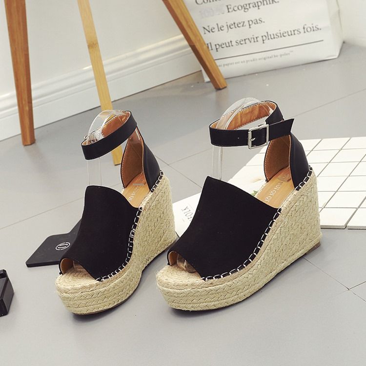 Kvinner Buckle Peep Toe Platform Espadrille Wedge Sandals