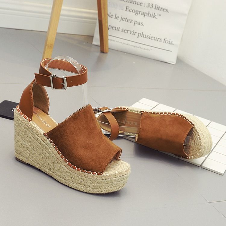 Kvinner Buckle Peep Toe Platform Espadrille Wedge Sandals