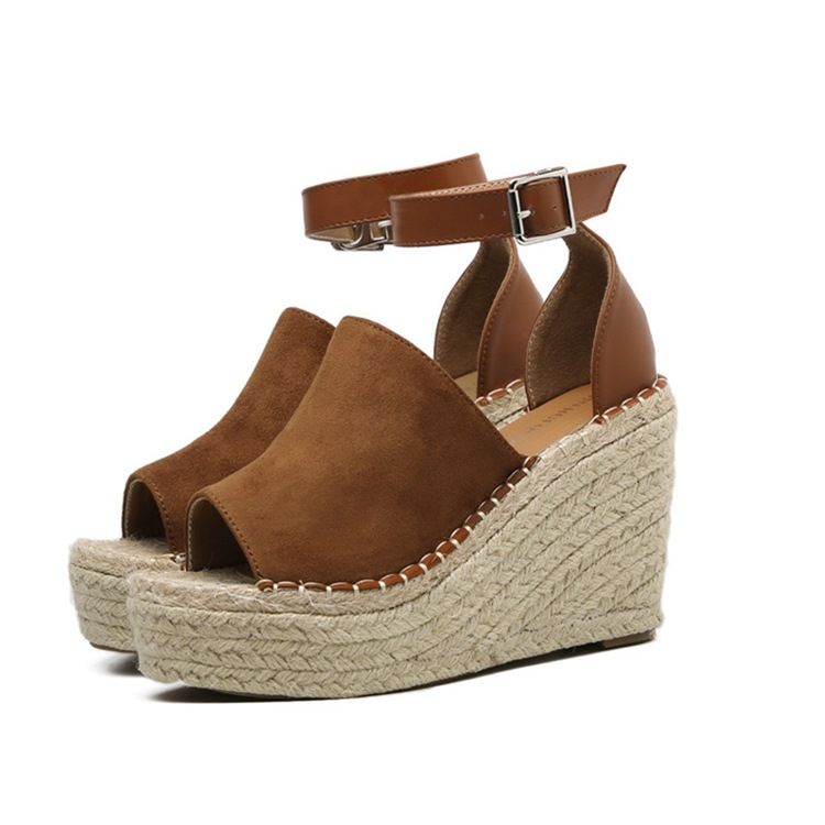 Kvinner Buckle Peep Toe Platform Espadrille Wedge Sandals