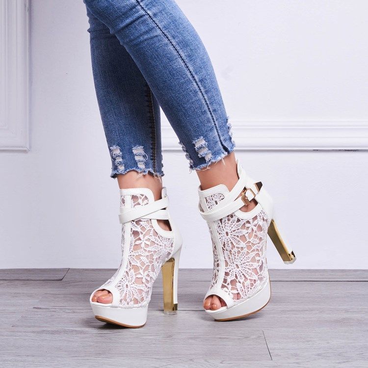 Kvinner Lace Detail Peep Toe White Heeled Platform Sandals